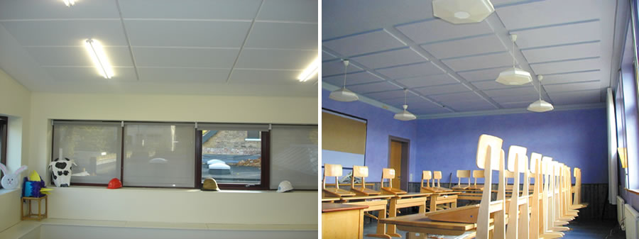 School acoustics with panels for walls and ceilings
